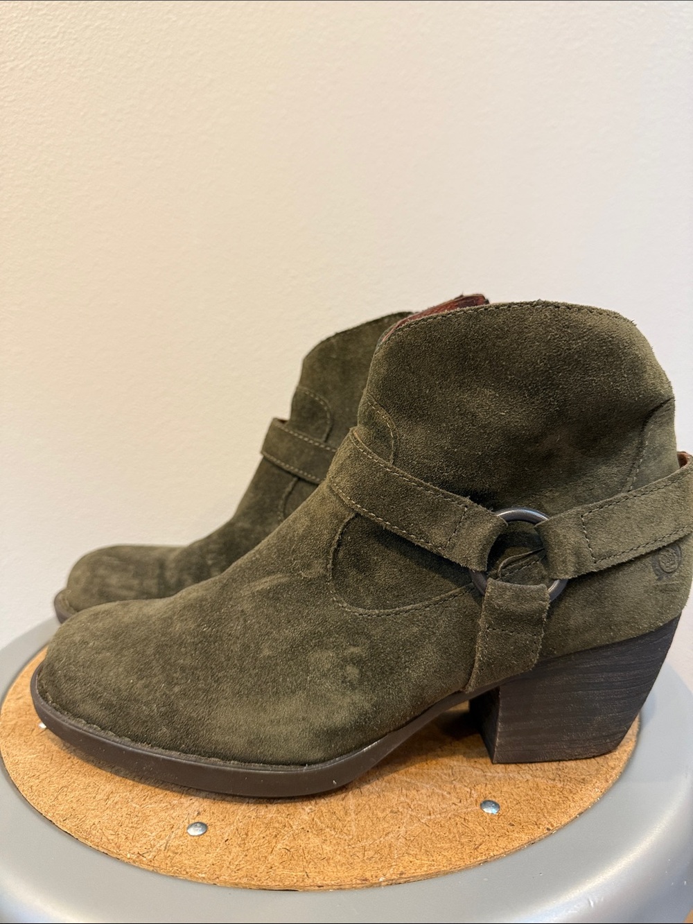 Born Carmel Harness Olive Suede Ankle Booties